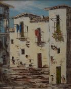 A 20th century continental impasto oil on canvas, street scene, initialled 'HS' lower centre, within