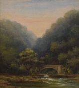 A 19th Century oil on board, woodland river scene with bridge at sunset, signed indistinctly lower