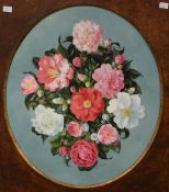 Desmond Kenny (Irish b.1956) Oval oil on board, a floral still life study of peonies and camellia