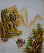 A 20th century Chinese river landscape with a junk boat and small houses beneath mountains, signed