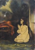A late 19th / early 20th Century oil on canvas of a young girl praying before bed, signed