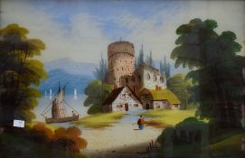 A pair of 19th/20th Century oils on reversed glass, depicting a small hamlet with windmill and