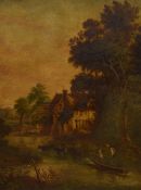 J Richardson (19th century) Oil on board 'The Balley Farm', rural river scene with buildings,