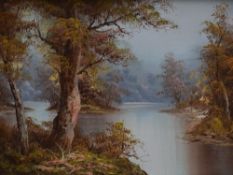 A Contemporary oil on canvas landscape, an Autumn woodland river scene, signature indistinct lower