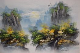 Y Yang (20th Century) Oil on board, a dwelling nestled on rocks above a waterfall in cool tones,