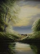 David A James (20th Century) Oil on canvas, a rural summer landscape with pond and farm gate, signed