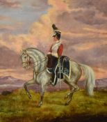 A 20th century oil on canvas depicting a soldier on horse back from the Royal Scots Greys Cavalry