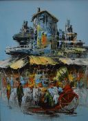 A pair of 20th century oils on canvas's, the first depicting Chinese junk boats at sundown the