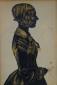 A pair of 19th Century paper cut silhouette miniatures, side profiles of two women embellished