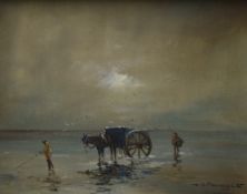 H.J Pavvvel (20th Century) Oil on canvas, a study of fishermen in shallow water with horse and cart,
