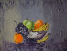 J.R.Livemore (20th Century) Still life study, a bowl of fruit on purple background, signed lower