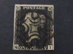 GREAT BRITAIN 1840 1d BLACK 4 MARGINS (JUST) PL8 CORNER LETTERS QI, BLACK MALTESE X CANX Card with 4