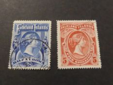 FALKLAND ISLANDS 1898 2/6- DEEP BLUE & 5/- RED BOTH FINE USED Fine duo of fine used values with part