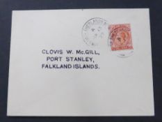 FALKLAND ISLANDS POSTAL HISTORY, 1927 COVER SENT SOUTH SHETLANDS TO PORT STANLEY Cover with 1d GV