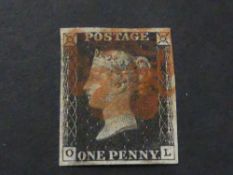 GB 1840 1D BLACK 4 (PL1a) MARGINS CORNER LETTERS OL TIED WITH RED MALTESE X 4 Margin black, plate