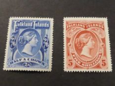 FALKLAND ISLANDS 1898 2/6- DEEP BLUE & 5/- RED BOTH MINT Fine duo of mounted mint high values from