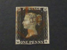 GREAT BRITAIN 1840 1d BLACK 4 MARGINS CORNER LETTERS QE, RED MALTESE X CANX Card with 4 margin black