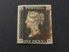 GREAT BRITAIN 1840 1d BLACK 4 MARGINS CORNER LETTERS OD, RED MALTESE X CANX Card with 4 margin black