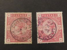 GB 1883 5 SHILLING ROSE & CRIMSON (SG180/81) BOTH FINE USED WITH CDS's Lovely pair of 5 shilling