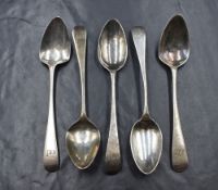 A group of five George III silver Old English pattern teaspoons, having monogram to terminals, marks
