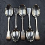 A group of five Victorian silver fiddle pattern spoons, marks for London 1844, maker Chawner & Co,