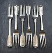 A set of six Victorian silver fiddle pattern forks, marks for London 1844, maker Chawner & Co,