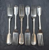 A set of six Victorian silver fiddle pattern forks, marks for London 1844, maker Chawner & Co,