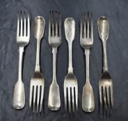 A set of six Victorian silver fiddle pattern forks, having a monogram to the terminals, marks for