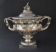 A silver plated replica of the Warwick vase, a restored ancient Roman piece currently in the Burrell