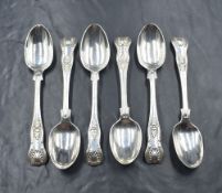 A group of five Victorian silver King's pattern spoons, one having a monogram to terminal, marks for