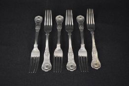 A set of six Victorian silver King's pattern forks, having 'DR' monogram to the terminals, marks for