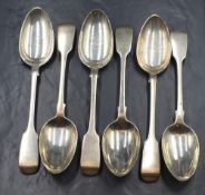 A group of six Victorian silver fiddle pattern serving spoons, marks for London 1844, maker