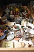 A miscellaneous selection of items including a vintage Fishermans Friend tin, a plastic Quies wax
