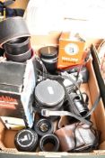 A box of photographic equipment including Filters, Auto bellows, tripod, camera chest pod etc