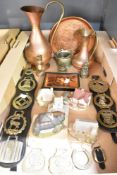 A selection of assorted copper and brass items including two copper ewers and tray and a selection