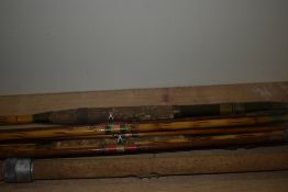 3 vintage fishing rods one hardy 3 pc wooden rod with spare tip and two bamboo rods unmarked but