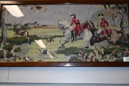 A Tapestry depicting stag hounds measuring 57cm x 26cm in an oak frame framers name to rear W