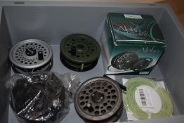 Five fly reels including Rimfly, Shakespeare and a boxed Shakespeare Alfa fly reel with spare