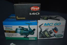 Three boxed spinning reels a Shakespeare MG1000, a Mitchell MC60 and a Browning First Evolution 140