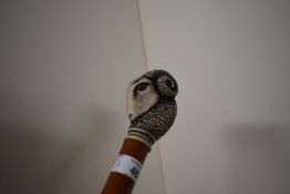 A stout walking cane with brass ferule to tip and a carved rams head handle