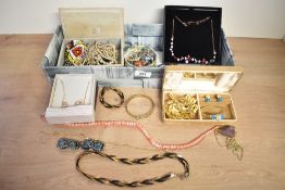 An assortment of costume jewellery, including beaded jewellery, faux pearls, chains and statement