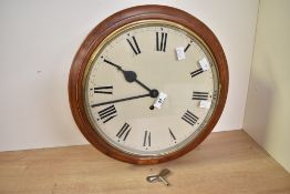Thought to be 19th-century mahogany drop dial wall clock, featuring a cream-coloured dial with black