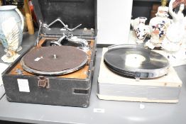 An early 20th-century His Masters Voice (HMV) 102 Gramaphone in a black leatherette-covered wooden