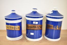 Three Victorian blue and white ceramic Apothecary jars of graduating sizes, featuring gilt-
