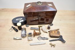 A quantity of 20th-century sundryware, to include a mahogany tea caddy of sarcophagus-form upon
