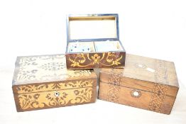 Three 19th-century wooden hinged lid boxes, to include a Tunbridge ware example, having hexagonal