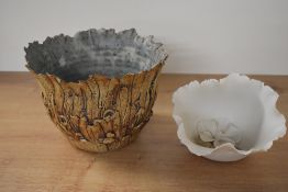 Two studio/art pottery bowls/planters each of asymmetric design with foliate decoration