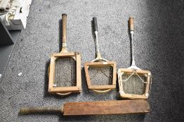 A quantity of 20th-century vintage wooden sports equipment, to include a wooden cricket bat, two