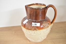 A Victorian Doulton Lambeth salt-glaze stoneware harvest/hunting jug, featuring applied relief