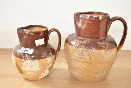 Two Victorian Doulton Lambeth stoneware harvest jugs, each decorated with applied relief